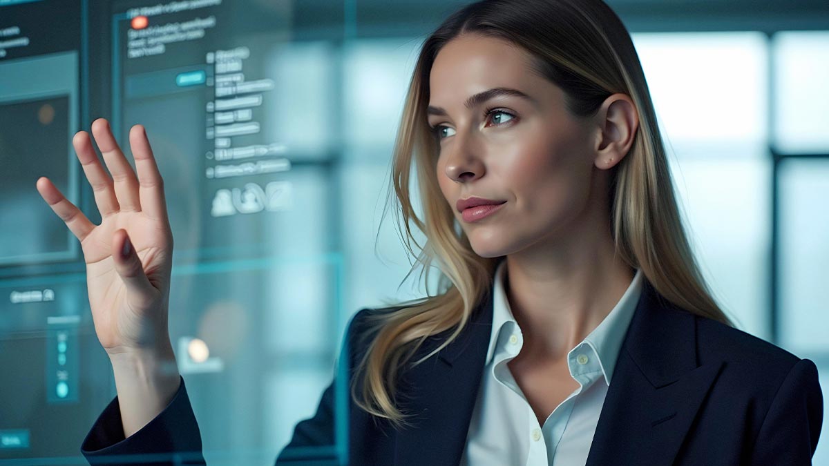 Advogada interagindo com tela digital representando o uso de inteligência artificial na advocacia.