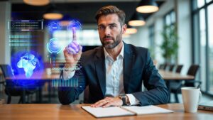 Advogado utilizando tecnologia de inteligência artificial para otimizar processos jurídicos, representando as melhores ferramentas de IA para advogados.