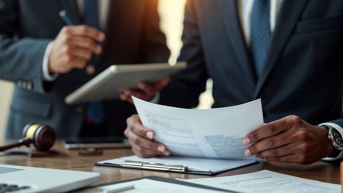 Advogado analisando documentos com ícones de diligência ao fundo, representando serviços de correspondência jurídic
