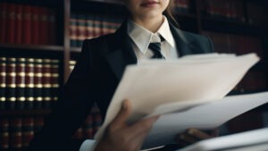 Advogada analisando documentos jurídicos em escritório, representando o trabalho de um advogado correspondente.