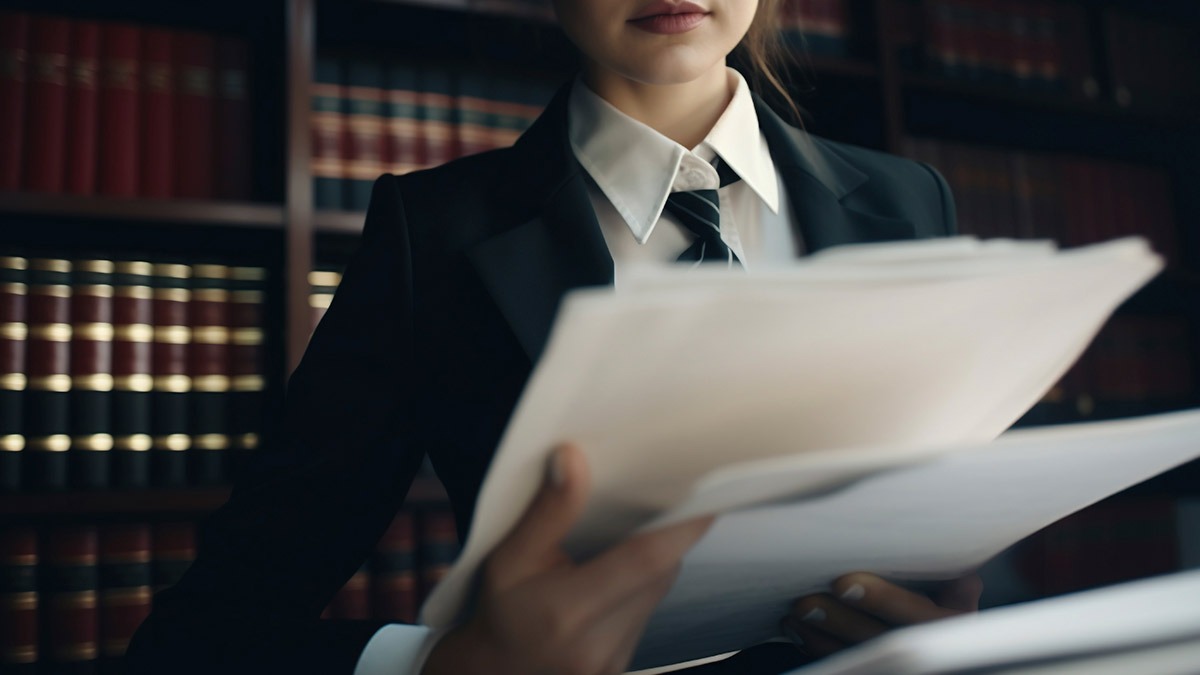 Advogada analisando documentos jurídicos em escritório, representando o trabalho de um advogado correspondente.
