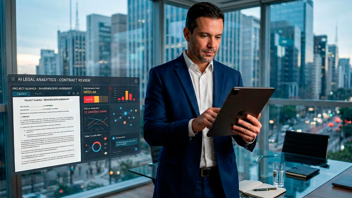 Advogado utilizando inteligência artificial jurídica em tablet com painel de análise contratual digital em ambiente corporativo moderno