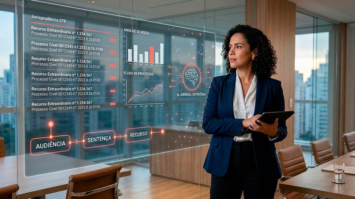 Advogada analisando dados jurídicos em tela digital com inteligência artificial aplicada à gestão de processos.