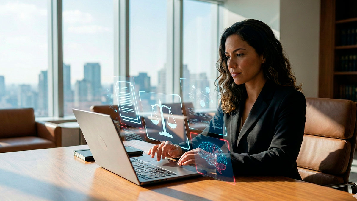 Imagem representando a aplicação da inteligência artificial jurídica na rotina de advogados, com análise digital de documentos e dados legais em ambiente corporativo moderno.