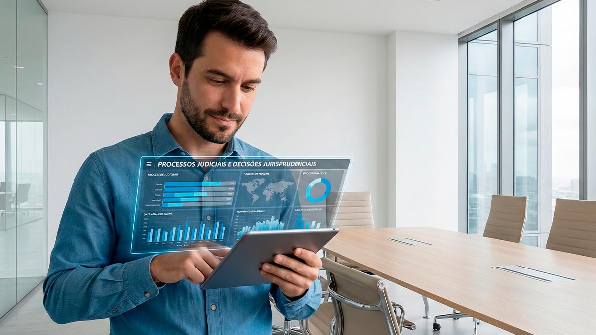 Advogado analisando jurisprudência em tablet com interface de inteligência artificial exibindo processos judiciais e gráficos de decisões jurisprudenciais em escritório moderno.