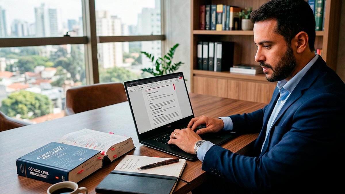 Advogado brasileiro digitando prompt jurídico no notebook em escritório moderno com Código Civil aberto sobre a mesa.