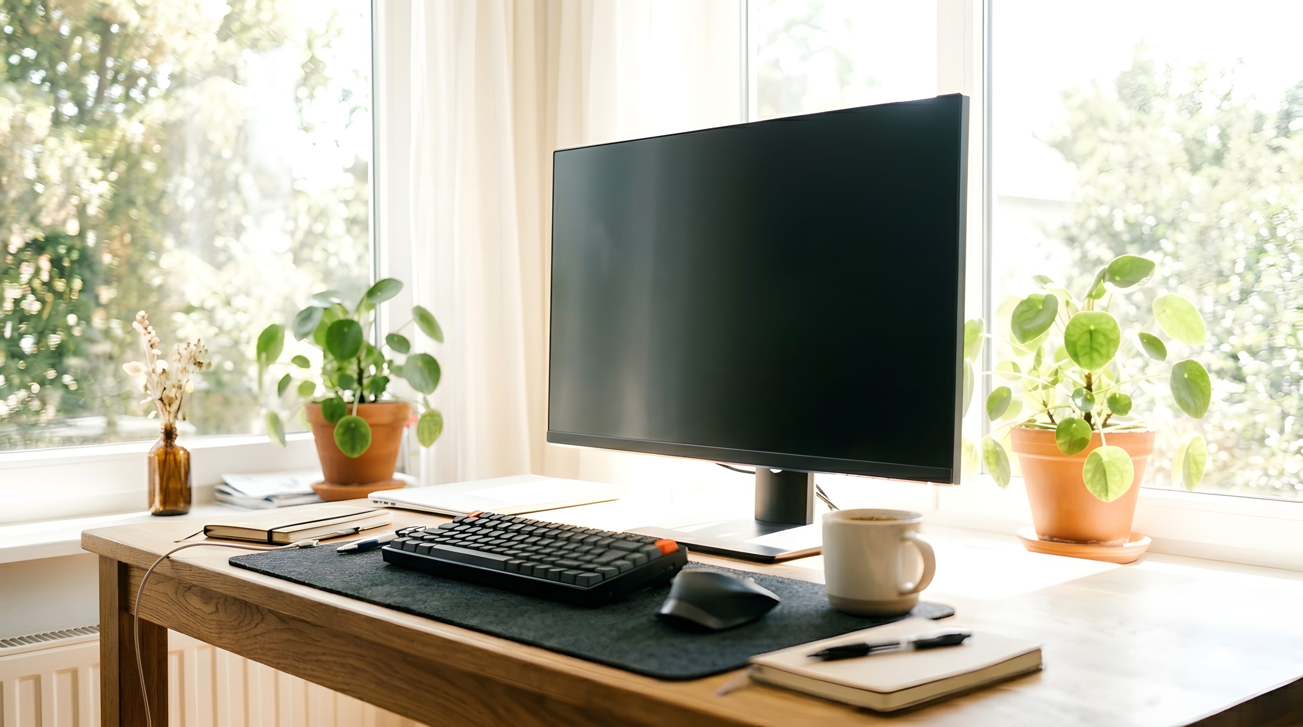 Mesa de escritório organizada com computador, teclado e plantas, representando um ambiente de trabalho jurídico estruturado