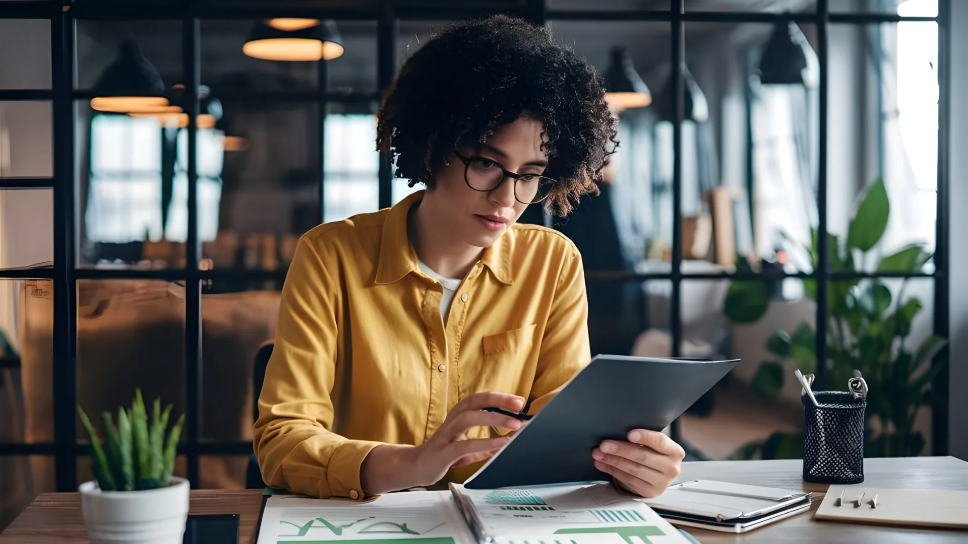 Advogada revisando relatório financeiro integrado em tablet no escritório