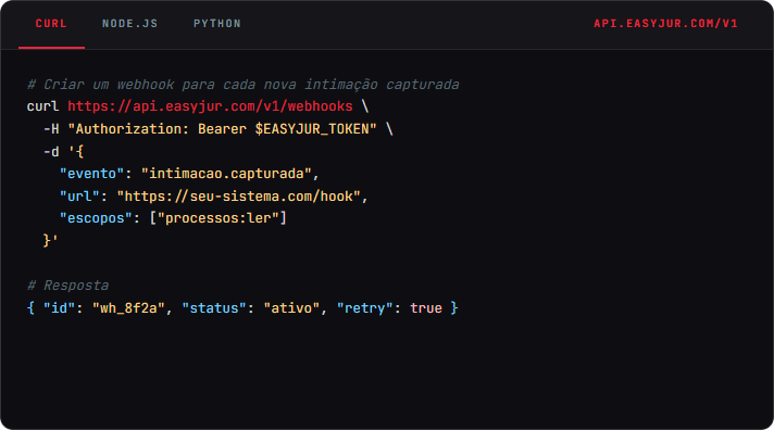 Exemplo de chamada de API REST do EasyJur OS criando um webhook via curl