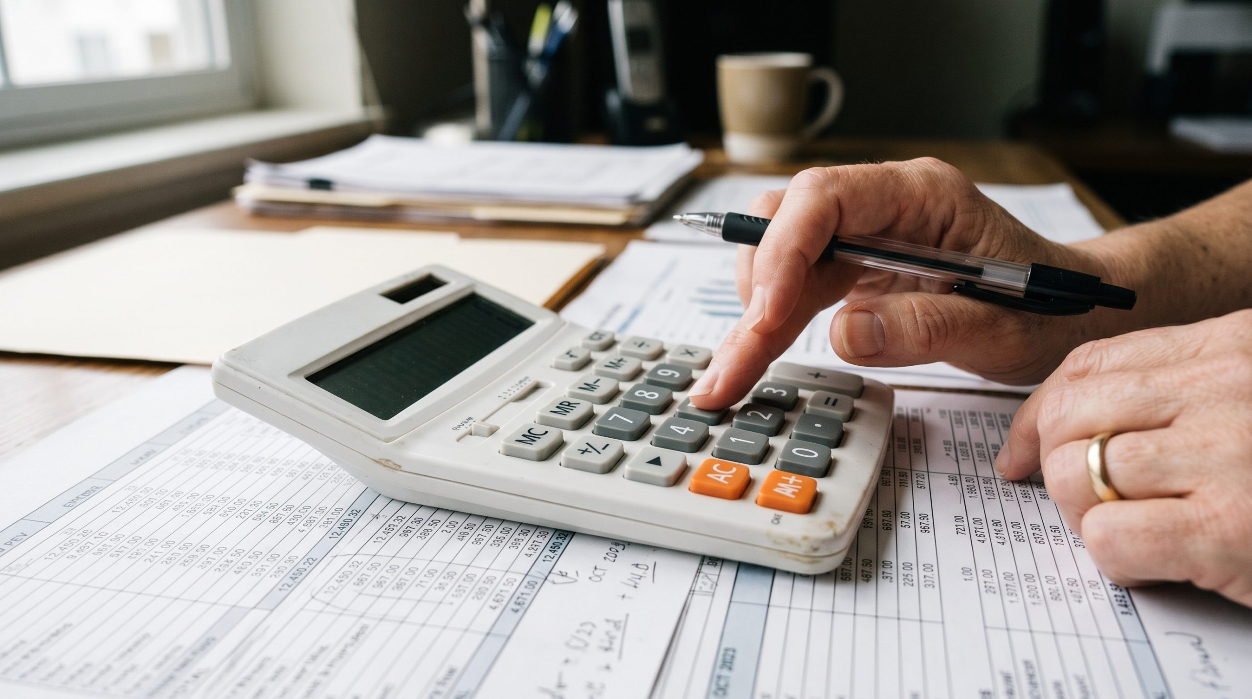 Mãos usando calculadora sobre planilhas financeiras impressas na mesa