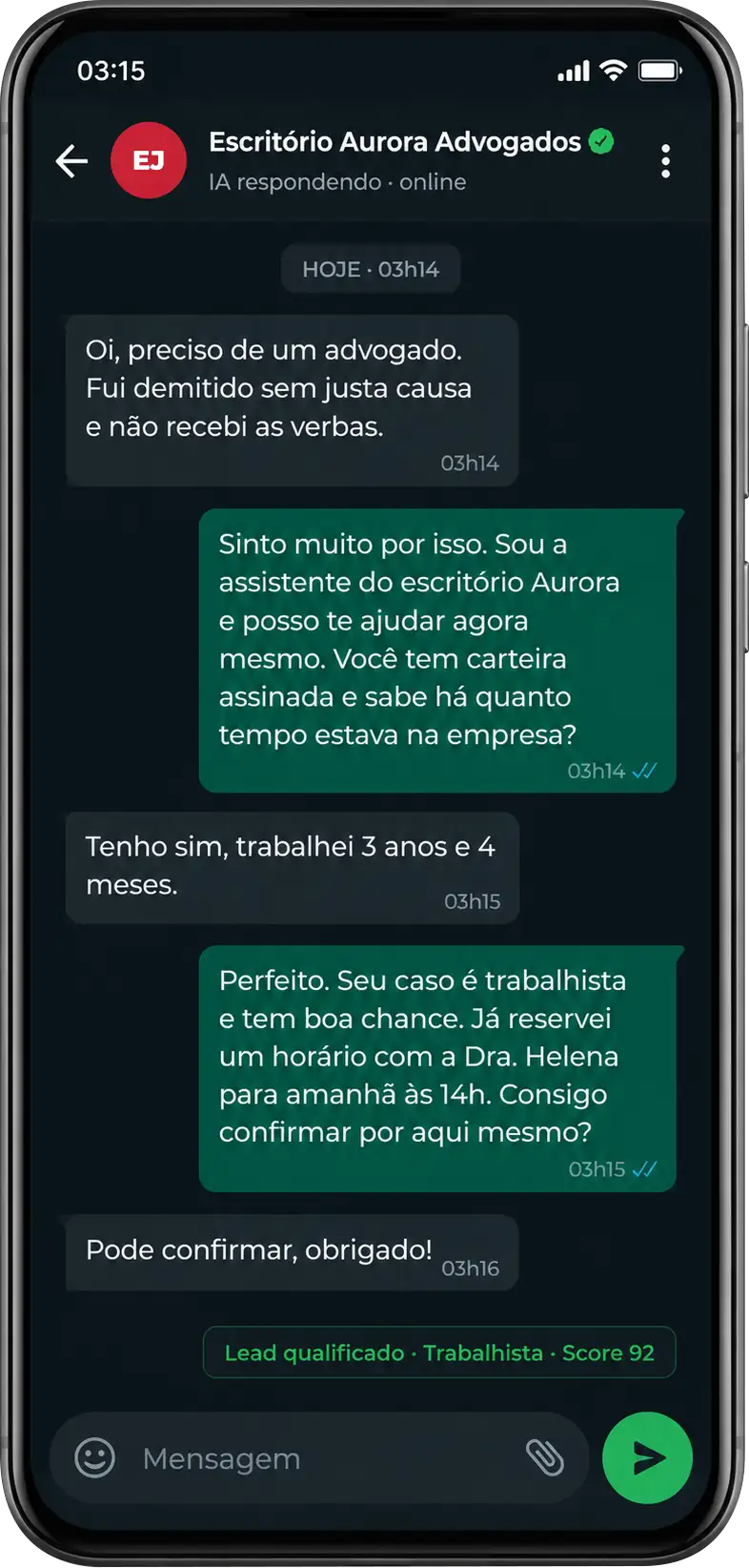 Conversa real do EasyJur Talk no WhatsApp qualificando um lead automaticamente