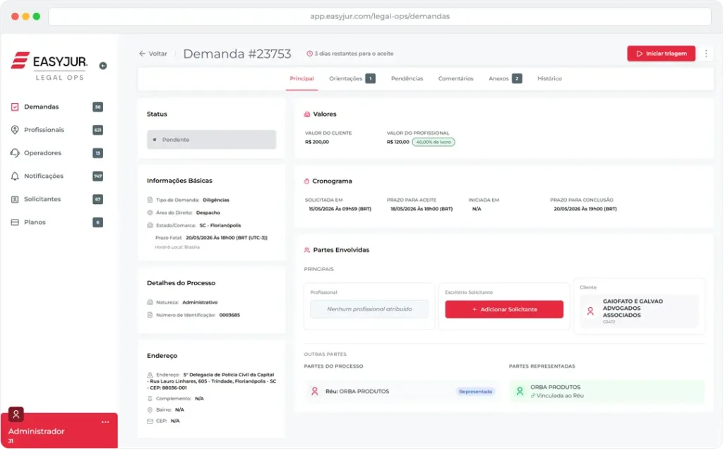 Detalhes demandas legal operations